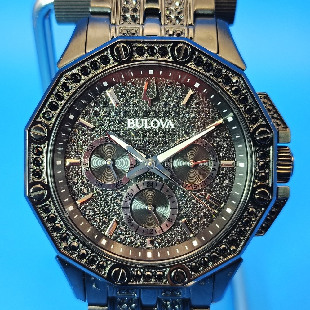 2018 Bulova Octova Black Swarovski 41mm Mens Quartz Dress Watch Near Mint Cond.